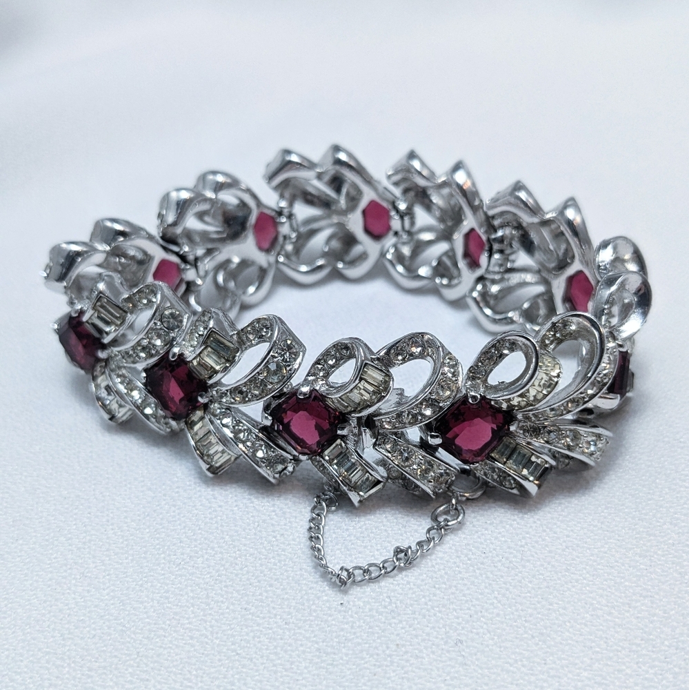 Vintage Marcel Boucher Ruby Coloured Glass Rhodium Plated Bracelet - Picture 4 of 13